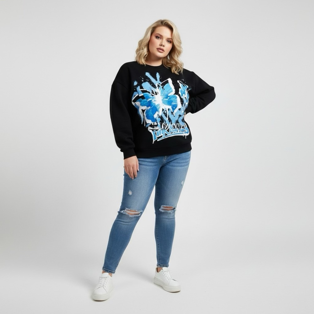 Graphic Blue Butterfly Statement Sweatshirt Heavy Inner Fleece Cozy Warm Large‎